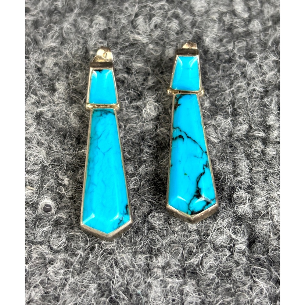 Sterling Silver Turquoise Drop Earrings Long Geometric Southwest 12g